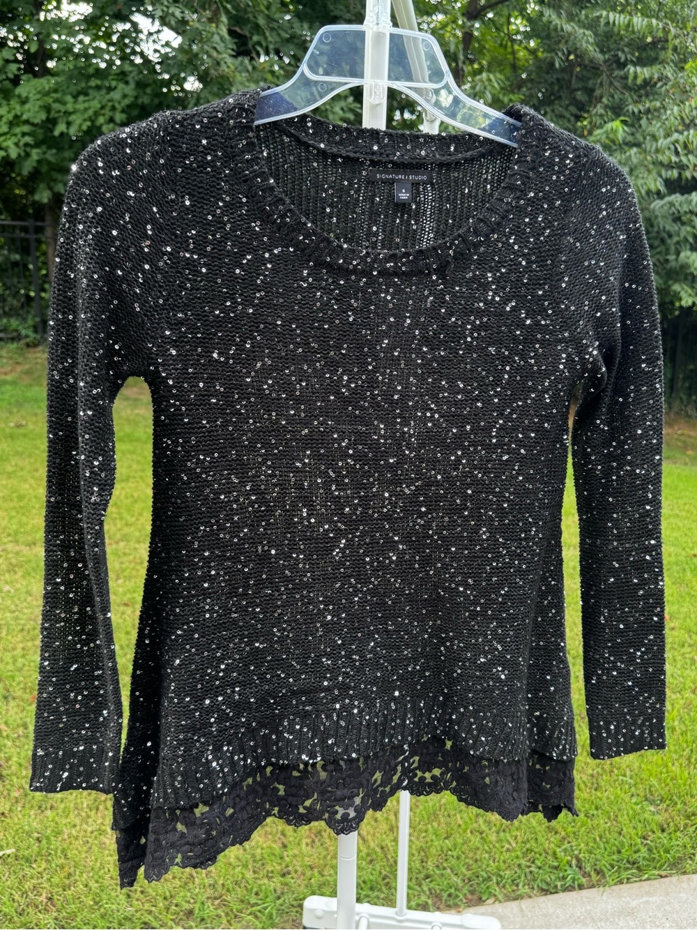 Signature Studio Black Speckled Knit Top with Lace Trim